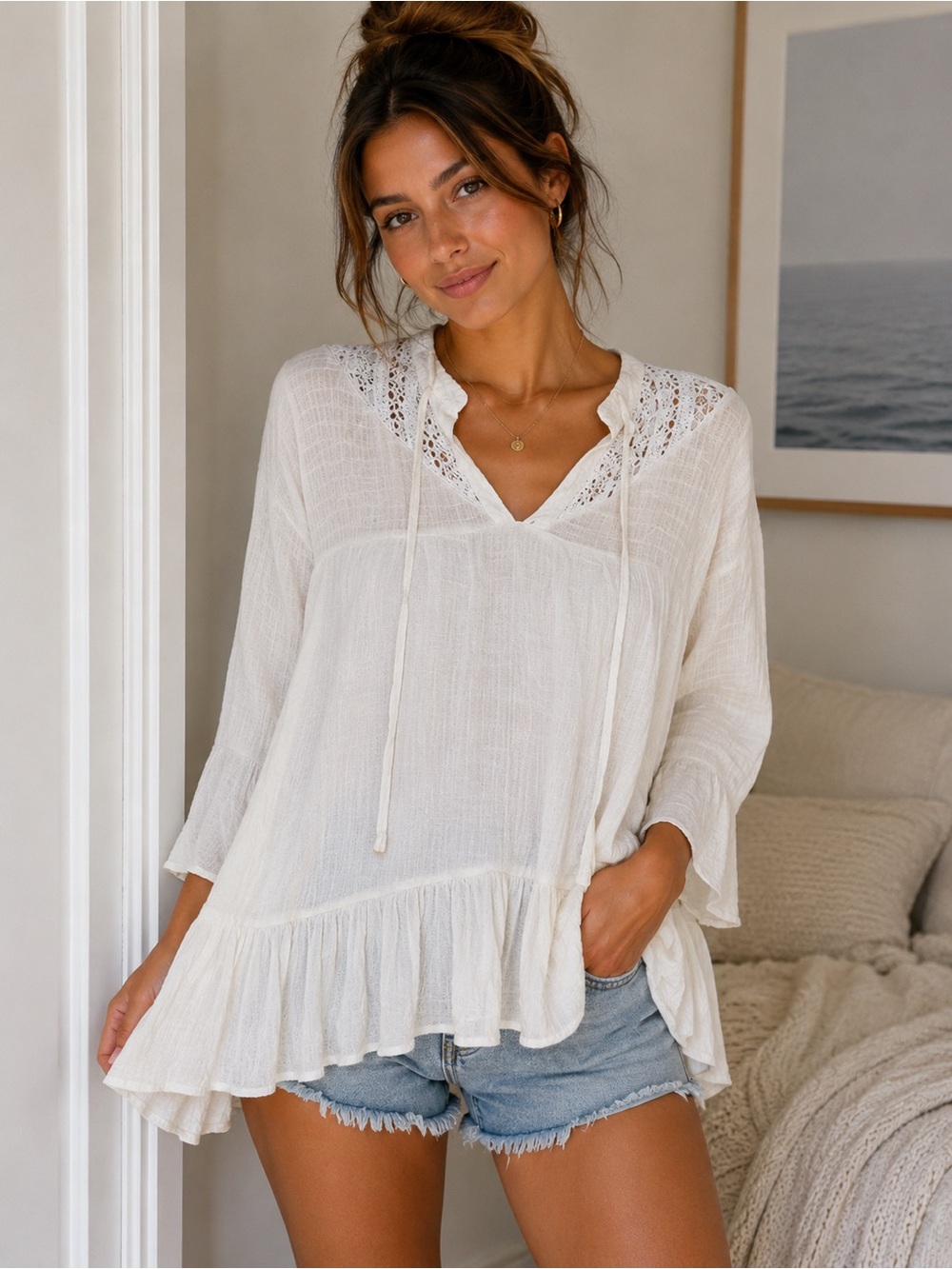She + Sky Ivory Crochet Yoke Tunic Top
